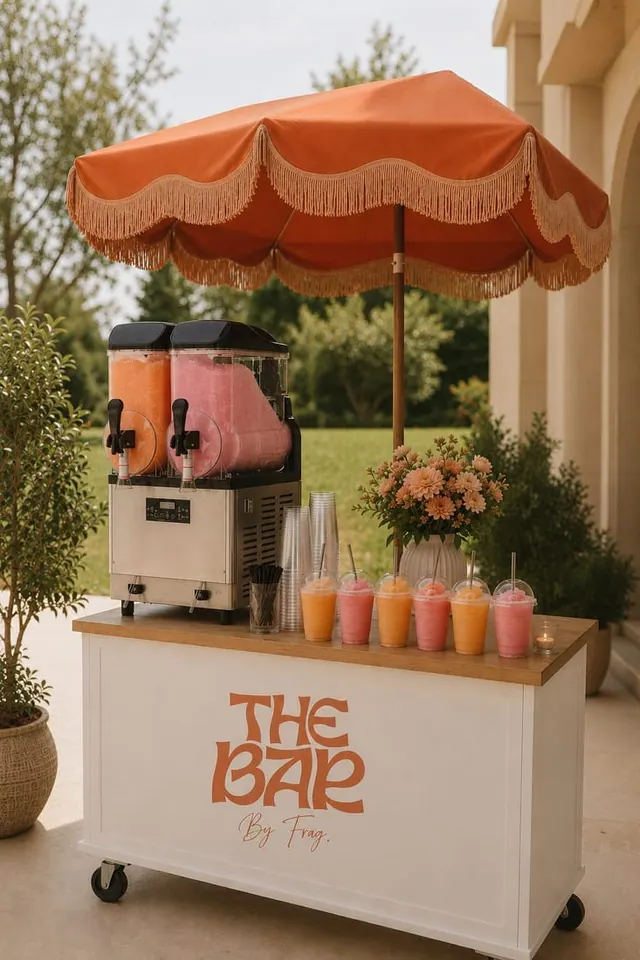 A slushie bar under a striped awning