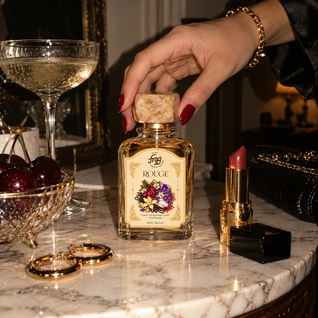 A hand reaching for Rouge beside gold earrings and cherries
